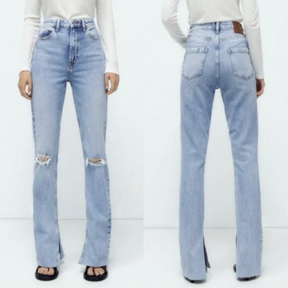 NWT Zara High Rise Split Hem Distressed Jeans Light Wash Straight Leg Sz 2 - Picture 2 of 8